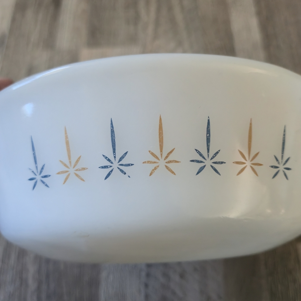 Fire King Candle Glow Casserole Bowl Anchor Hocking Blue Gold Atomic Starburst - Picture 6 of 7
